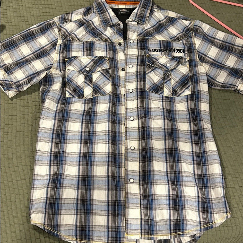 Harley-Davidson White and Blue Checkered Shirt
